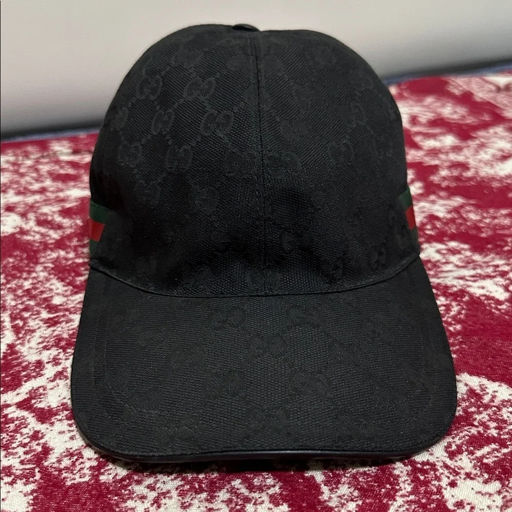 Gucci Black GG Monogram Baseball Cap with Signature Sherry Line